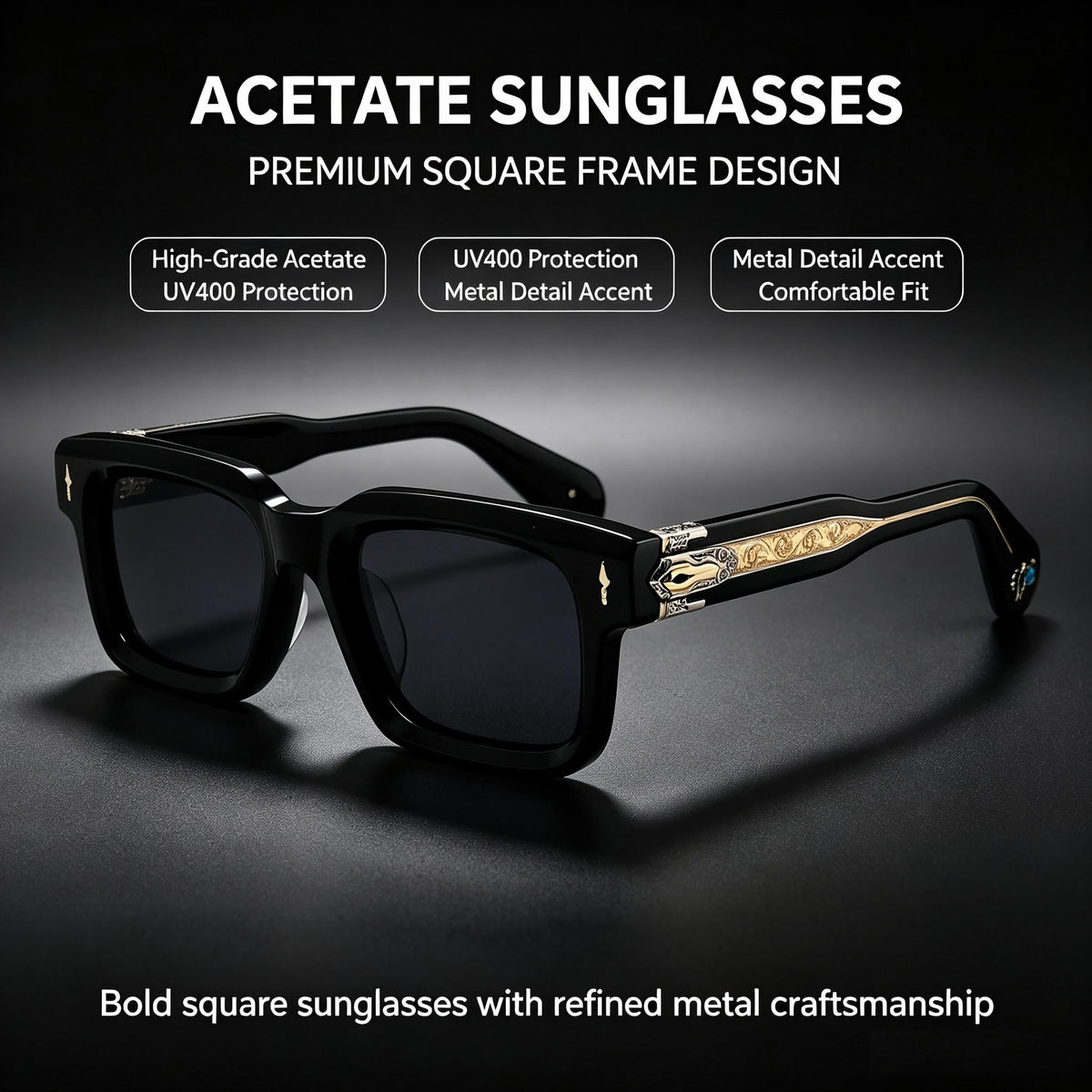 Retro Square Solid Acetate Sunglasses, Unisex UV400 Protective Eyewear with Ornate Metal Hinge