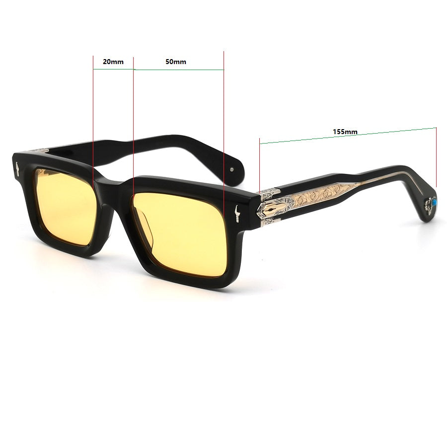 Unisex Vintage Thick Frame Acetate Sunglasses, UV400 Fashion Sunglasses with Metal Carving Detail