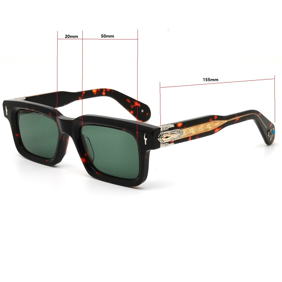 Luxury Thick Square Acetate Sunglasses for Men Women, Vintage UV400 Shades with Engraved Metal Temple Decor