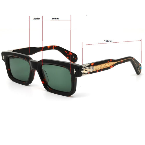 Luxury Thick Square Acetate Sunglasses for Men Women, Vintage UV400 Shades with Engraved Metal Temple Decor