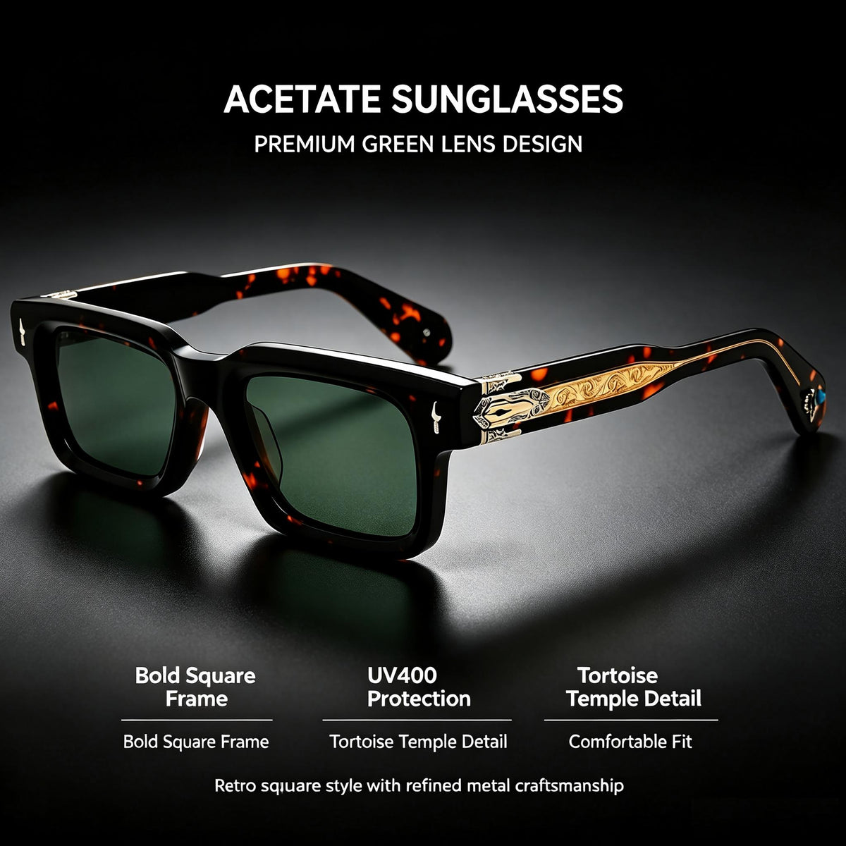 Luxury Thick Square Acetate Sunglasses for Men Women, Vintage UV400 Shades with Engraved Metal Temple Decor